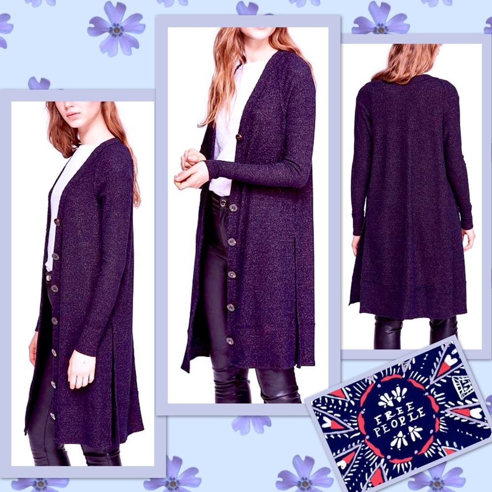 Free People Sparkly Cardigan Duster in Navy - Picture 2 of 8